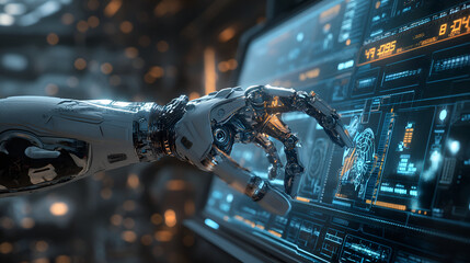 Futuristic command center: Robotic arm meets human hand amidst holographic data projections