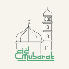 Eid Mubarak Typography with mosque line design. Religious holiday. Creative idea and Concept Design Eid Mubarak. Eid Fitr, Eid Adha.