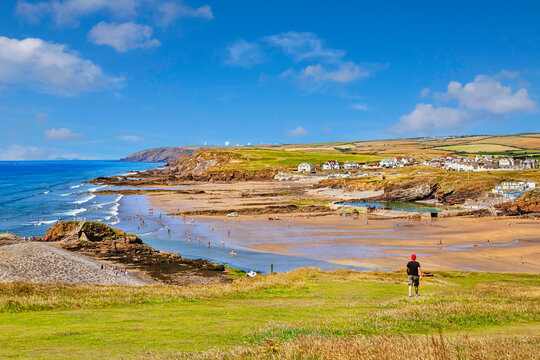 Bude, Cornwall, UK - Summerleaze beach from Compass Point, during the summer heatwave.