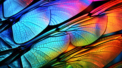 Colorful and vibrant abstract texture, psychedelic dragonfly wings under microscope