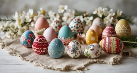 Fototapeta na wymiar Vibrant Easter eggs, hand-painted with floral designs, nestled among delicate blossoms