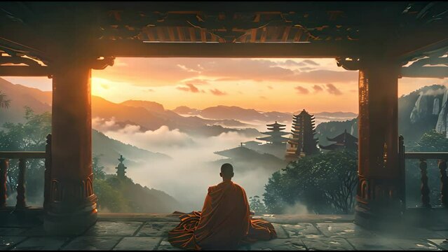A monk meditating in the warm glow of sunrise at a high mountain temple, overlooking a sea of clouds.
