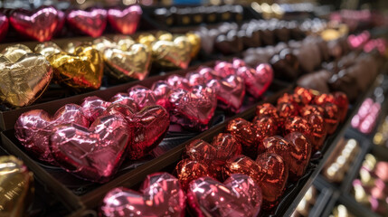 Chocolates a symbol of love and indulgence are abundantly displayed in heartshaped boxes and wrapped in shiny eyecatching foil packaging.