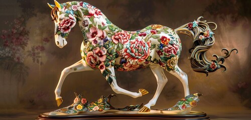 Candlelight dancing on an exquisite floral-patterned horse sculpture, a timeless art piece, captured in detailed high-definition splendor.