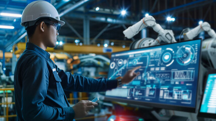 Manager engineer analyzing and control automation robot arms machine on software modern virtual interface data real time in intelligent factory industrial and digital manufacturing operation.