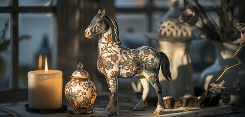 Candlelit elegance casting enchanting shadows on an antique horse figurine, adorned with intricate floral patterns, capturing timeless beauty.