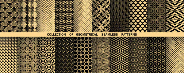 Geometric set of seamless gold and black patterns. Simple vector graphics - obrazy, fototapety, plakaty