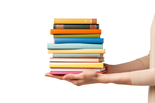 hand holding colorful pile of books