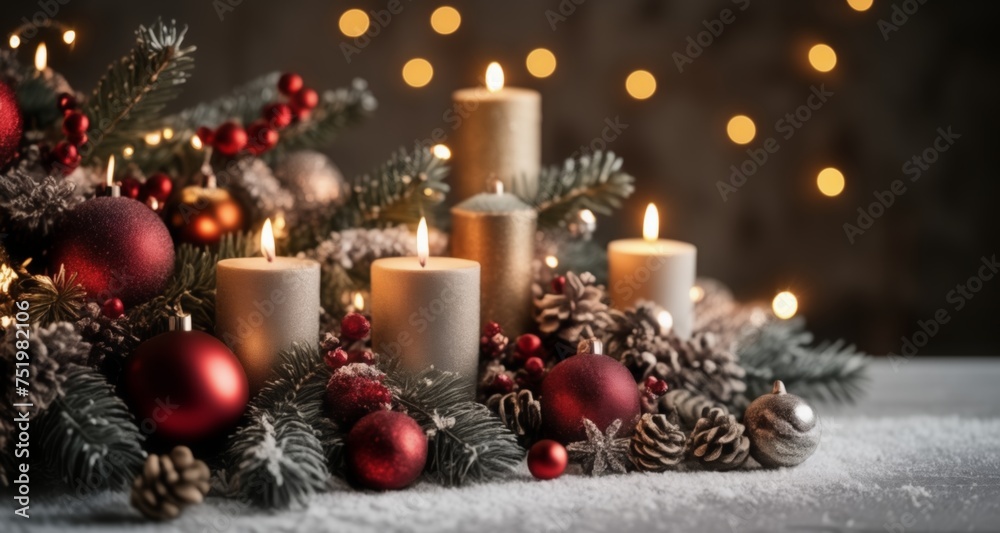 Wall mural  Cozy Christmas - Festive candles and ornaments in a winter wonderland