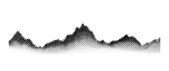 Grunge halftone mountain range. Black textured landscape terrain silhouette. Fading grainy hills chain wallpaper. Grungy dotted mountain peaks background. Vector long rock terrain illustration