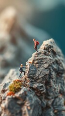 miniatures people climbing mountains together