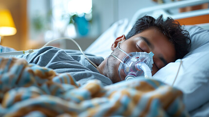 Young man wearing oxygen mask sleeping in bed, recovering after sickness in hospital ward - obrazy, fototapety, plakaty