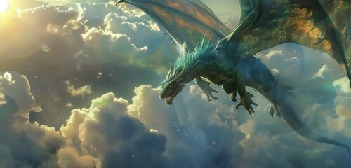 Majestic cartoon dragons soaring amidst clouds, their iridescent scales gleaming, capturing a...