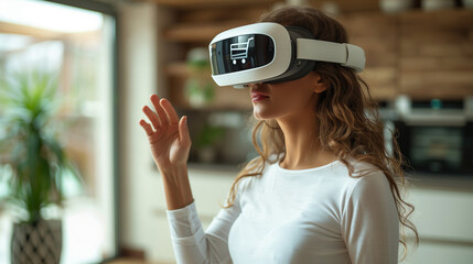 Fototapeta premium woman wearing white virtual reality glasses clicks on the shopping cart icon with a hand gesture while standing in her home kitchen. Online shopping concept in augmented reality glasses