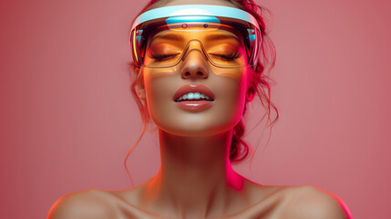 Portrait of sexy woman wearing white augmented virtual reality glasses on pink color studio background with copy space