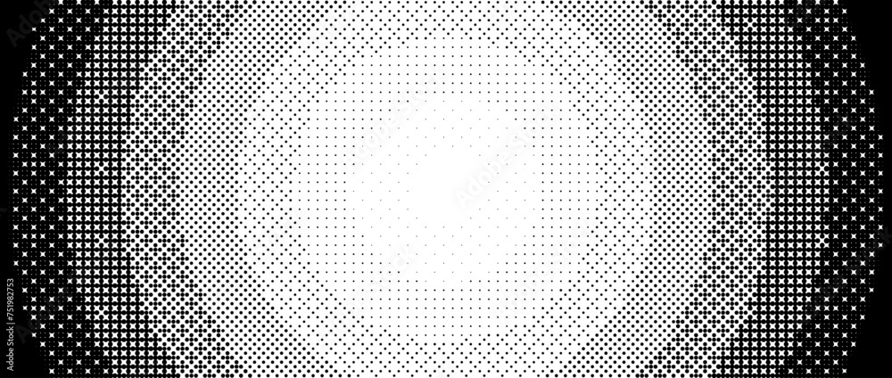 Aufkleber Radial pixelated gradient texture. Black and white dithered round gradation. Retro circle video game background. Halftone 8 bit wallpaper. Vintage circular pixel art. Vector bitmap overlay backdrop