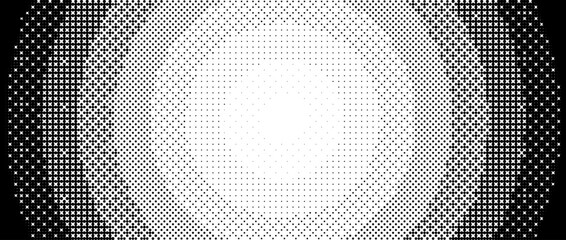 Radial pixelated gradient texture. Black and white dithered round gradation. Retro circle video game background. Halftone 8 bit wallpaper. Vintage circular pixel art. Vector bitmap overlay backdrop