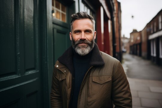 Portrait of a handsome bearded man with a stylish haircut and beard in a brown coat on a city street