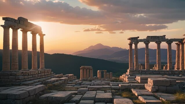 Video animation of serene and majestic view of ancient ruins, possibly Greek or Roman, bathed in the soft glow of a setting sun. The silhouettes of the pillars stand tall.