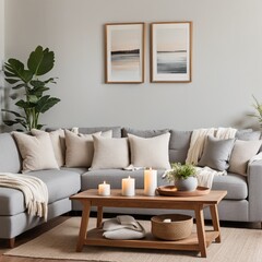 Modern living room interior with grey sofa, pillows, coffee table and plants. Scandinavian style. 3d render