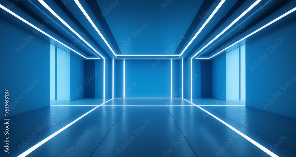 Poster  Modern, minimalist interior with blue walls and ceiling, illuminated by LED strip lights