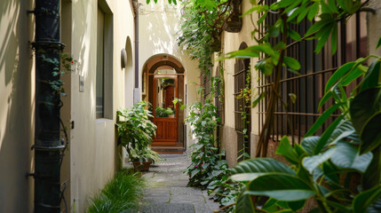 A narrow alleyway leading to a hidden entrance of a townhouse with a small wooden door and a stone arch overhead.