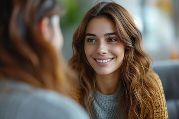 Conversation, interview, appointment with a psychologist concept. Portrait of a positive young woman listening to her interlocutor