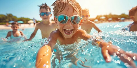 child in pool wearing sun glass, summer activities 