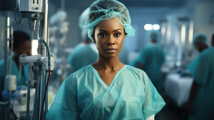 Young black female doctor in blue scrubs, smiling looking in camera, Portrait of woman medic professional, hospital physician, confident practitioner or surgeon at work. blurred background