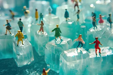 Crédence de cuisine en verre imprimé Everest miniatures people walking on the snow ice field together