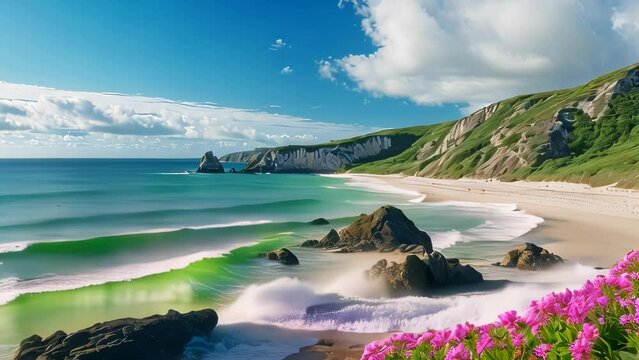 Video animation of view of a pristine beach with turquoise waters, surrounded by lush green hills and adorned with vibrant pink flowers in the foreground