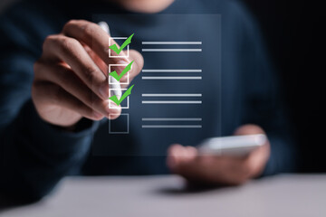 Survey form concept. Questionnaire with checkboxes, filling survey form online, answer questions of...