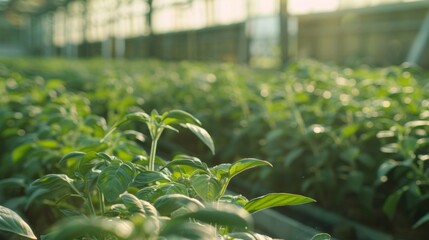 A vast greenhouse is filled with rows of thriving plants all treated with the latest pesticides developed by the company. The pristine and healthy appearance of the plants