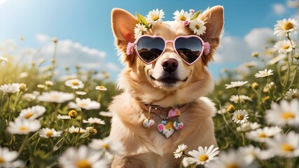 a playful scene featuring a dog wearing a flower crown, heart-shaped sunglasses, and a flowing summer dress, frolicking joyfully in a field of daisies.