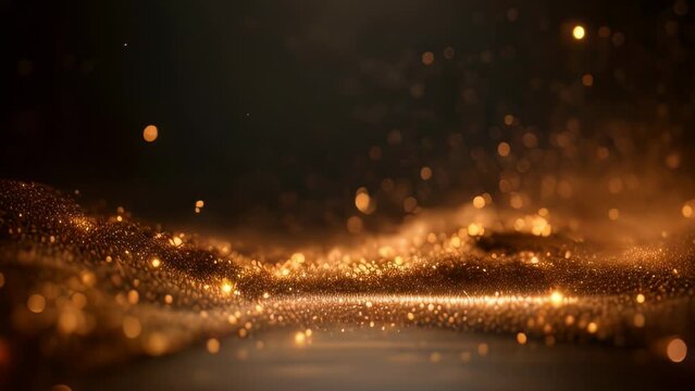 Video animation of  golden, sparkling lights scattered across a dark background, creating an ethereal and mesmerizing atmosphere