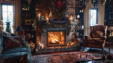A cozy living room with a fireplace, decorated for Thanksgiving