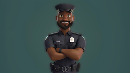 African American male swat police officer avatar wearing a dark uniform, smiling face, 8k, animated style, dark green background