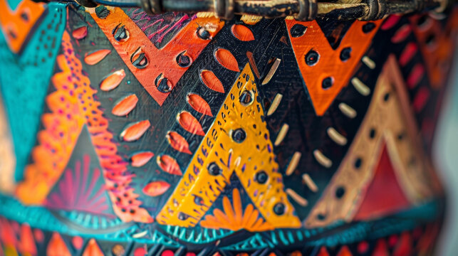 A detail shot of a traditional drum used in samba music with vibrant patterns and bright colors painted on the surface.