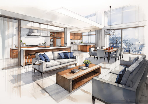 Interior design sketch of a modern living room and kitchen illustration - architects watercolor drawing.