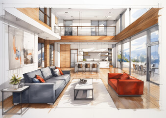 Interior design sketch of a modern living room and kitchen illustration - architects watercolor drawing.