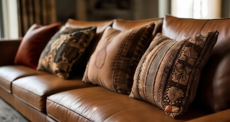  Elegant leather sofa adorned with a variety of decorative pillows