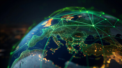 A digital globe focusing on Europe, illustrating carbon credit markets and green investment opportunities, highlighted with neon green lines connecting sustainable energy projects - obrazy, fototapety, plakaty