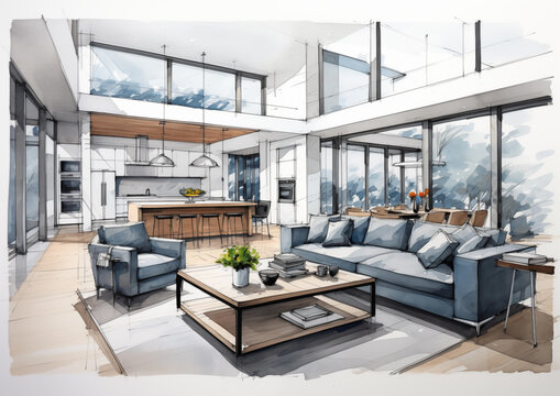 Interior design sketch of a modern living room and kitchen illustration - architects watercolor drawing.
