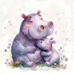 Watercolor cute cartoon illustration of baby hippo and mom