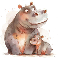 Watercolor cute cartoon illustration of baby hippo and mom