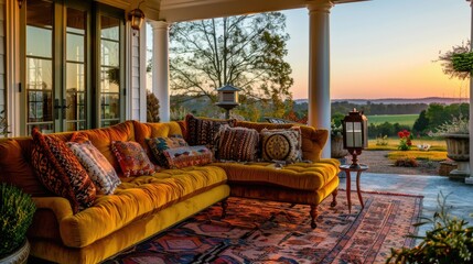 Cozy Southern Patio with Yellow Sofa: scenic view, decorative cushions, inviting atmosphere
