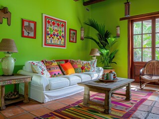 Rustic Living Room with Colorful Sofa: terracotta flooring, wall art, vibrant decor
