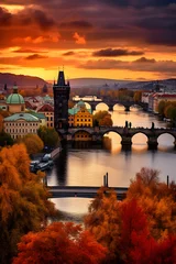 Papier Peint photo autocollant Pont Charles Panoramic Vista of Prague: Charles Bridge and Prague Castle at Sunset