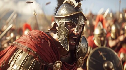 The hoplite captain barks orders to his troops his booming voice carrying over the sounds of battle. His black cape billows behind him as he charges into the fray. - obrazy, fototapety, plakaty
