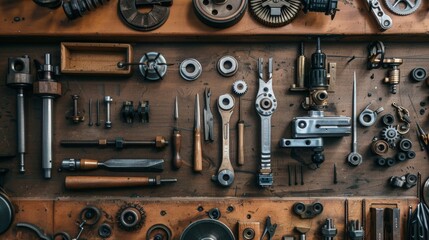 Detailed view of a collection of high-precision mechanical tools laid out on a workbench